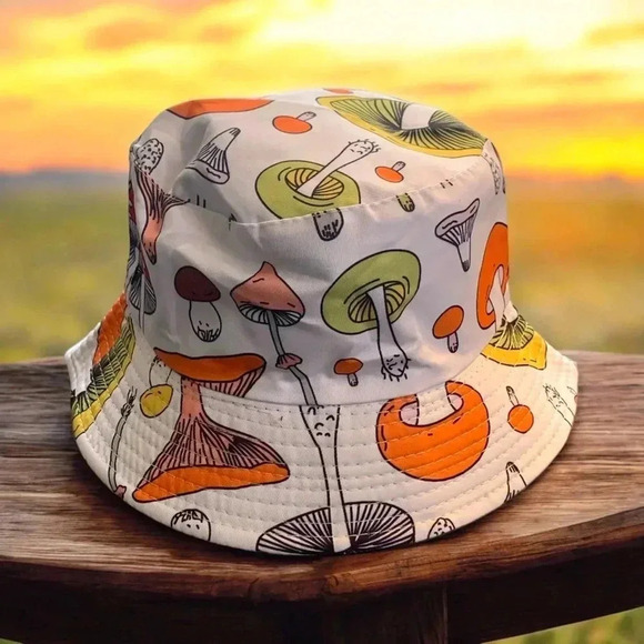 Boutique Handcrafted Fungi Whimsical Large Mushroom Print Trendy Bucket Hat OSFM - Picture 8 of 8